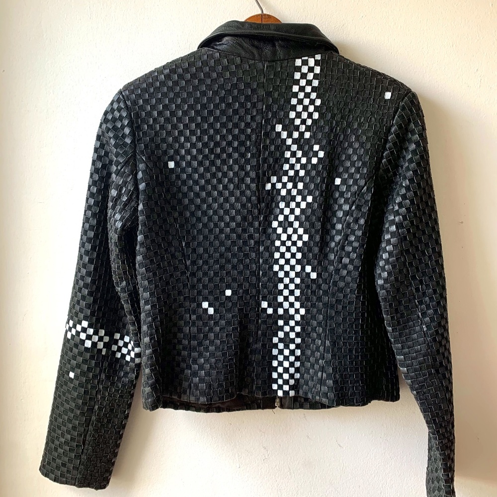 Vintage 80s 90s Woven Leather Checkerboard Jacket, Hand Painted Pixelated Black